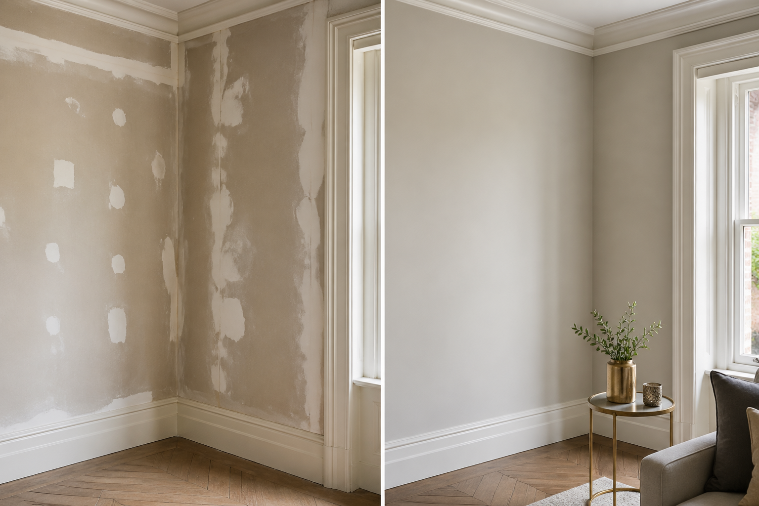 Before and after of an interior decorating finish